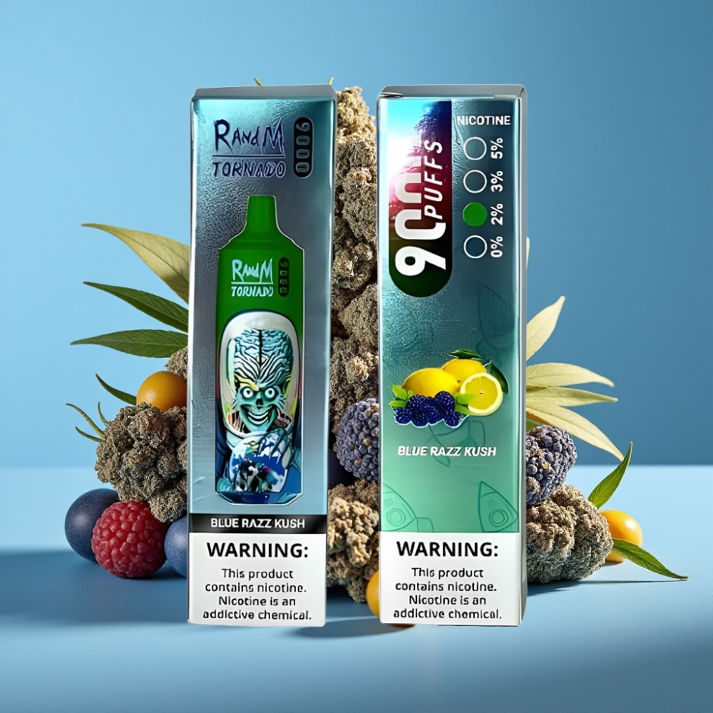 RandM Tornado 9000 Puffs 850mAh 18mL Mesh Coil RGB Blue Razz Kush