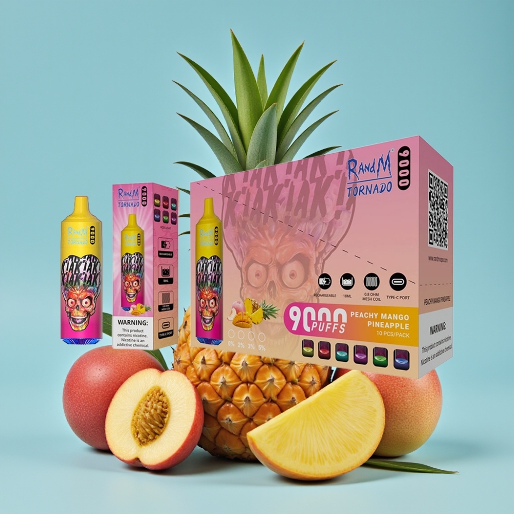 RandM Tornado 9000 Puffs 850mAh 18mL Mesh Coil RGB Display Peachy Mango Pineapple