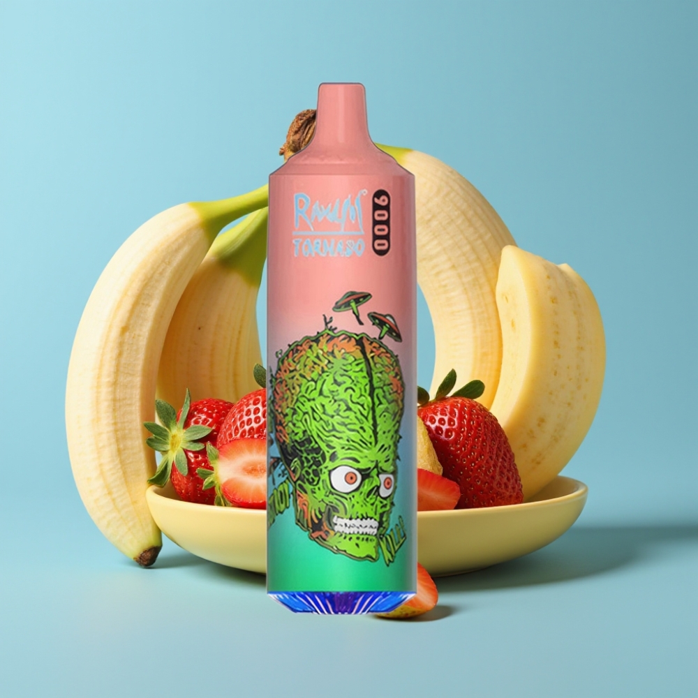 RandM Tornado 9000 Puffs 850mAh 18mL Mesh Coil RGB Display Strawberry Banana