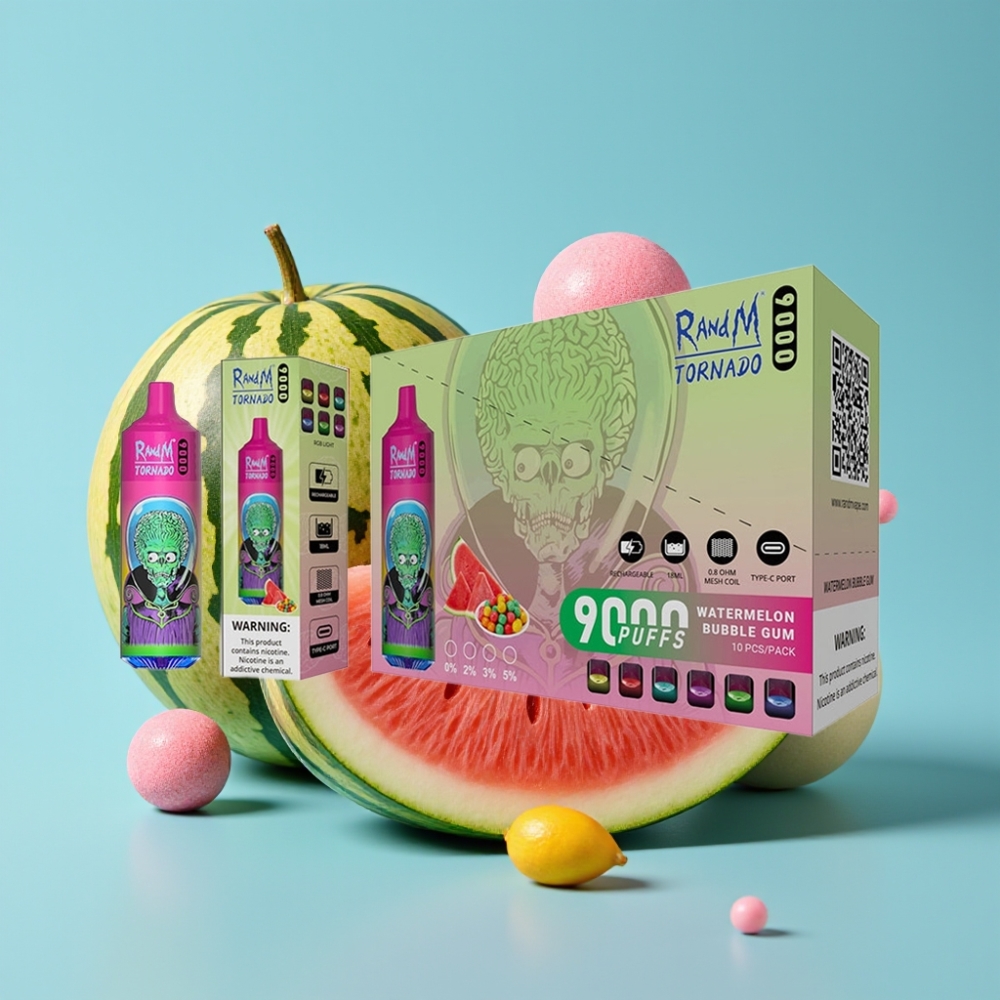 RandM Tornado 9000 Puffs 850mAh 18mL Mesh Coil RGB Display Watermelon Bubble Gum