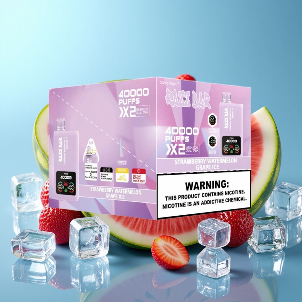 Razz Bar 40000 Puffs Power Screen Dual Mesh 650mAh Type-C Strawberry Watermelon & Grape Ice